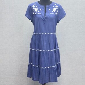 Ro's Garden Blue Embroidered Tiered Midi Dress Cotton Size L